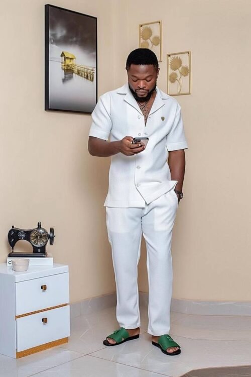 White Short Sleeves Kaftan Set (Top & Trousers)